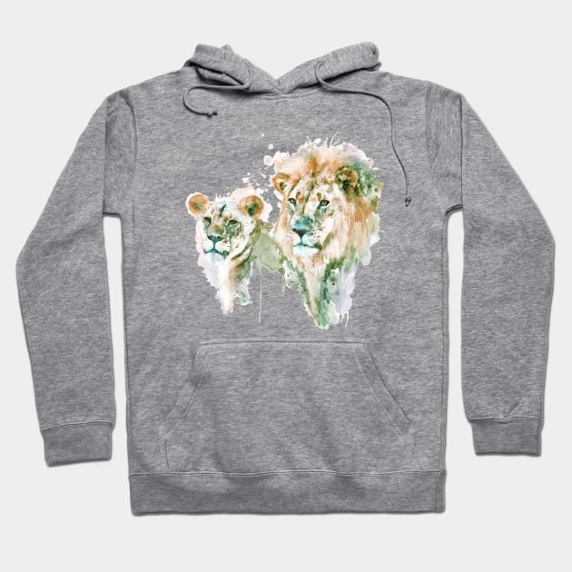 Lion Couple Watercolor Portrait Hoodie by Marian Voicu